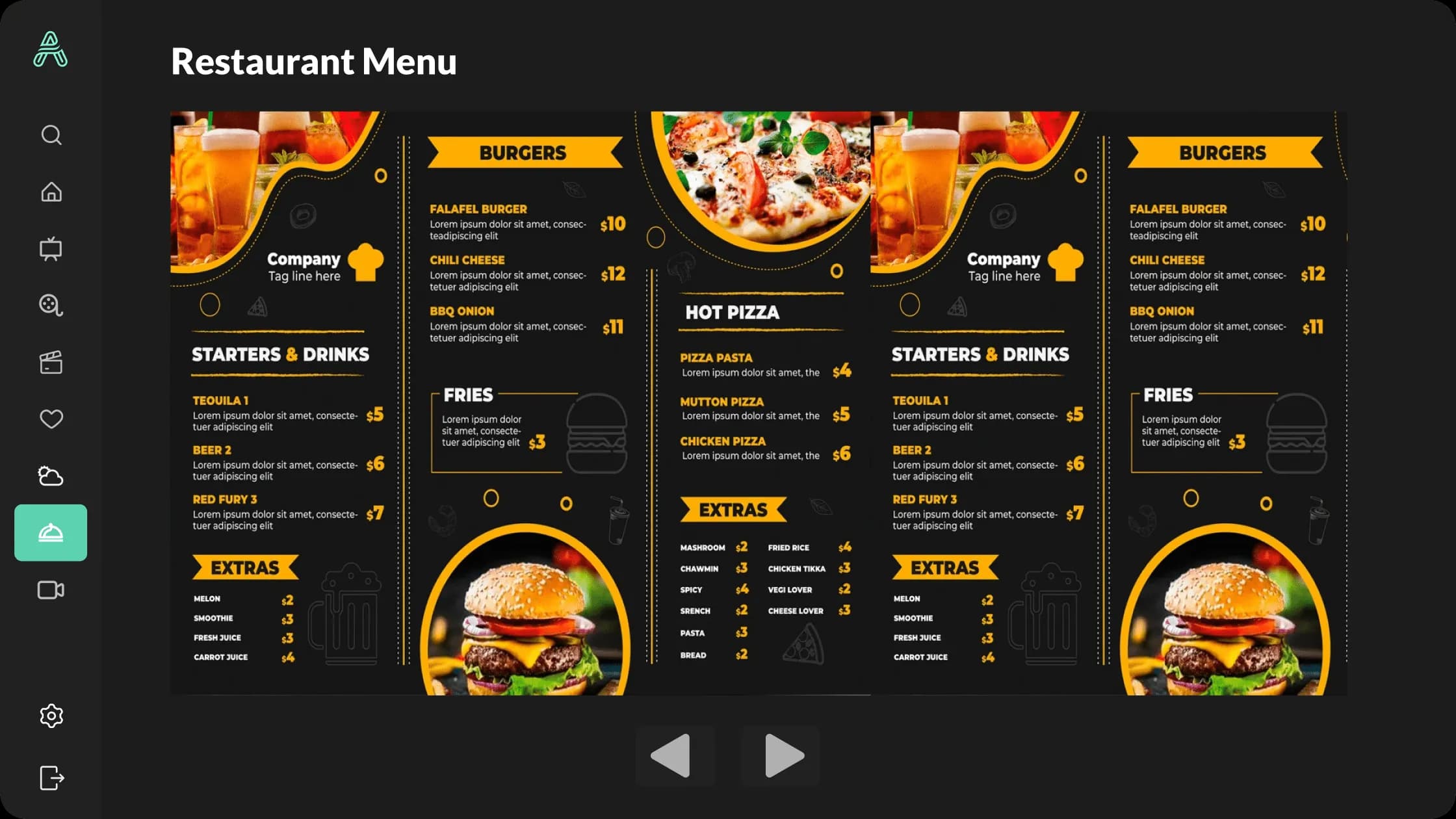 Menu card screen